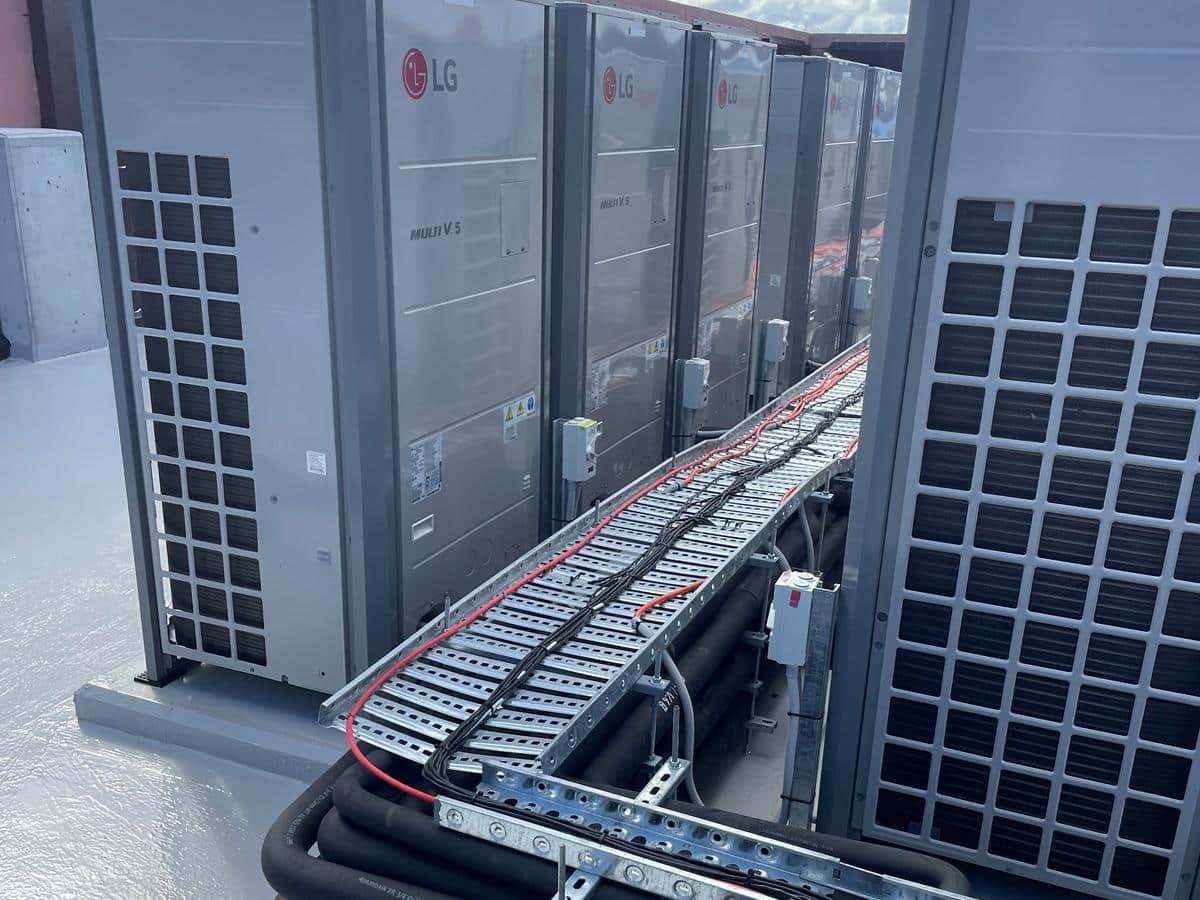 LG Multi V5 VRF condenser bank with refrigerant pipework and cable tray