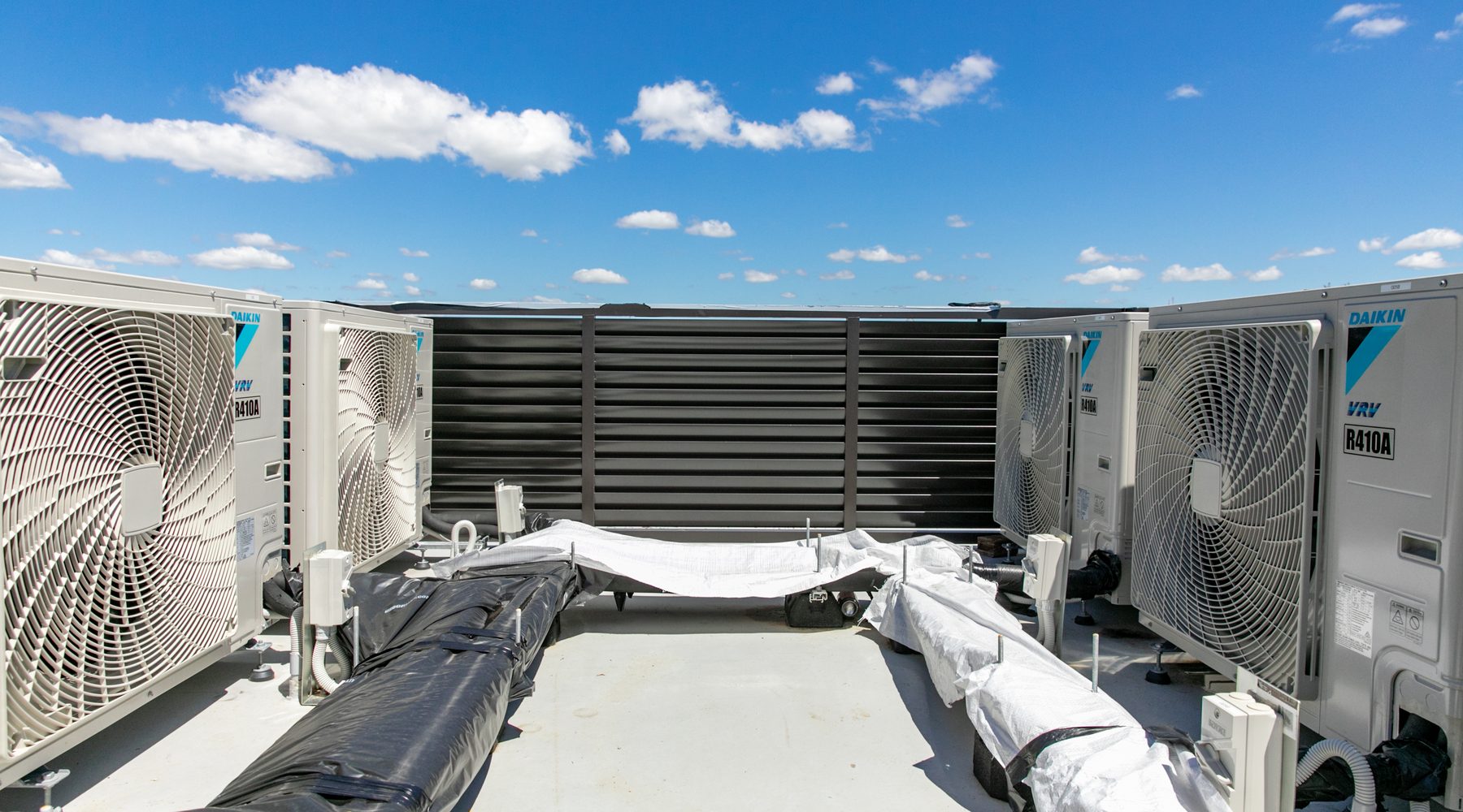 LG Multi V5 VRF condenser bank with refrigerant pipework and cable tray